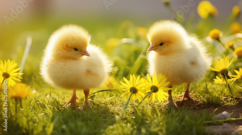 small cute fluffy yellow chicken, bird, Easter symbol, spring, nature, postcard, animal, grass, pet, chick, baby, beak, feathers, close-up, tousled, beauty, rustic, farm, flower, dandelion