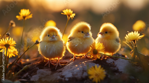 small cute fluffy yellow chicken, bird, Easter symbol, spring, nature, postcard, animal, grass, pet, chick, baby, beak, feathers, close-up, tousled, beauty, rustic, farm, flower, dandelion