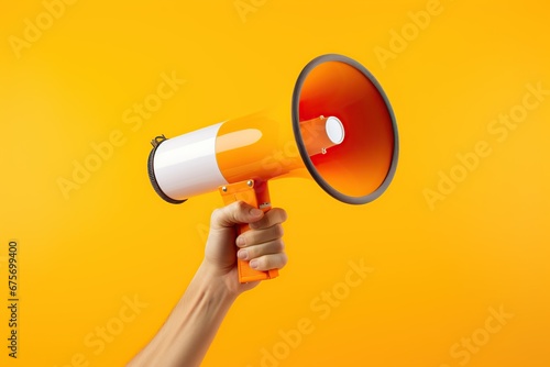 Hand holding megaphone, marketing and sales, orange background, Generative Ai 