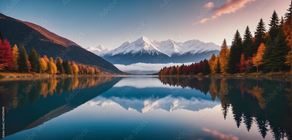 A serene mountain landscape with snow-capped peaks and a calm lake reflecting the vibrant colors of the autumn foliage. Large copy space for text and graphics. 