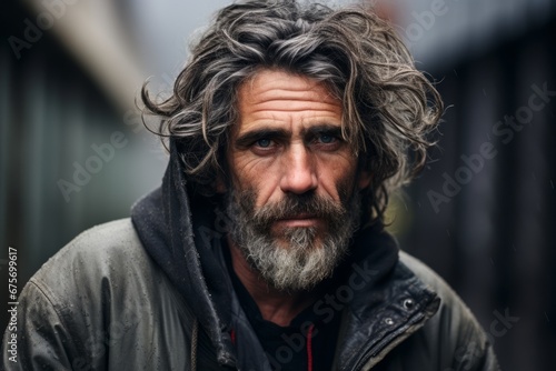 Portrait of a man with long gray hair and a beard on the street