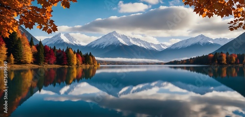 A serene mountain landscape with snow-capped peaks and a calm lake reflecting the vibrant colors of the autumn foliage. Large copy space for text and graphics. 