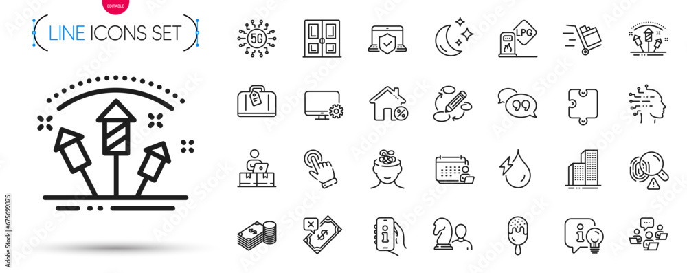 Fototapeta premium Pack of Hand baggage, Chess and Puzzle line icons. Include Cursor, Ice cream, Fireworks rocket pictogram icons. Quote bubble, Rejected payment, Door signs. Lamp, Teamwork, Skyscraper buildings. Vector