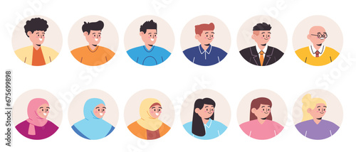 Avatar collection flat illustration of graphic cartoon character diverse multiethnic portrait in circle