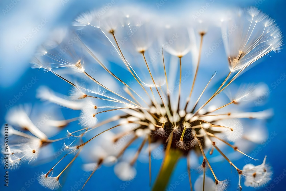 A close-up view of a dandelion with its delicate white seeds attached to a curved stem, set against a vibrant blue sky