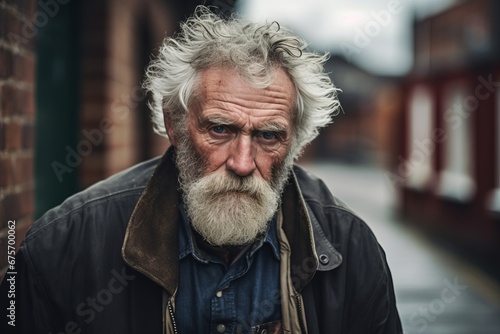 Portrait of an old man with gray beard and mustache in a city street.