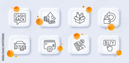 Buying, Money transfer and Buy car line icons pack. 3d glass buttons with blurred circles. Inflation, Credit card, Food donation web icon. Cash back, Wallet pictogram. For web app, printing. Vector