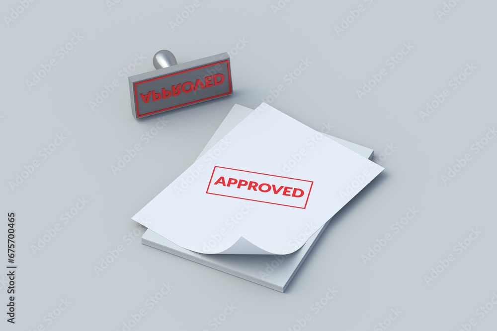 Word approved on stamp on paper sheets. Documents approval concept. Enterprise certification. Acceptance of the report. Accredited employee. Successful check. Ratification of the treaty. 3d render Word approved on stamp on paper sheets. Documents approval concept. Enterprise certification. Acceptance of the report. Accredited employee. Successful check. Ratification of the treaty. 3d render