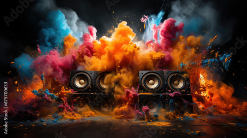 Abstract concept of powerful sound speakers throwing powder in blue neon light. Power music. photo
