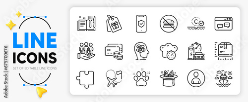Charging station, Browser window and Collagen skin line icons set for app include Best buyers, Hat-trick, Coupons outline thin icon. Recipe book, Avatar, Cooking timer pictogram icon. Vector