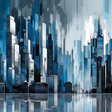 An abstract cityscape rendered in cool metallic grays and blues, reflecting the urban skyline's modernity.