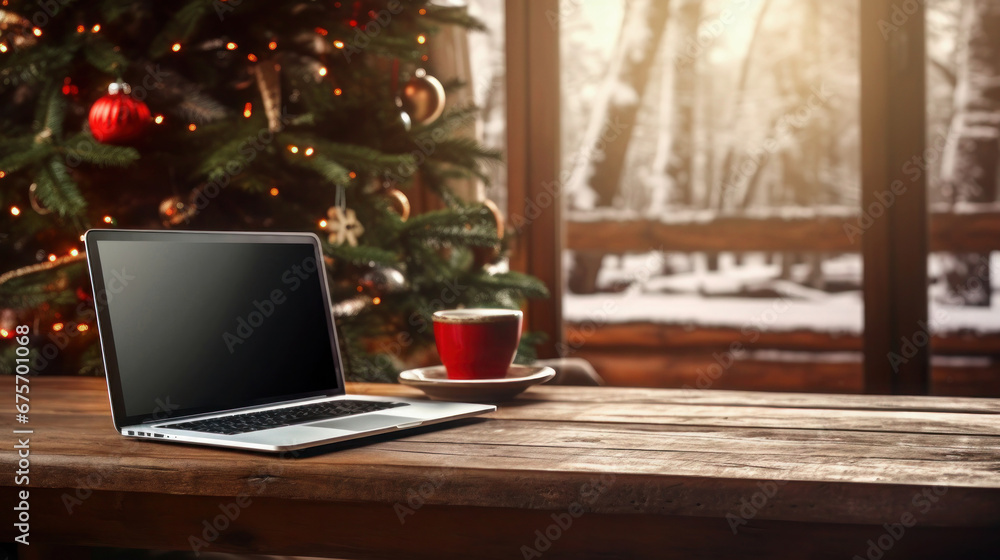 Laptop computer on wooden table with a cup of coffee and Christmas tree on background Laptop computer on wooden table with a cup of coffee and Christmas tree on background