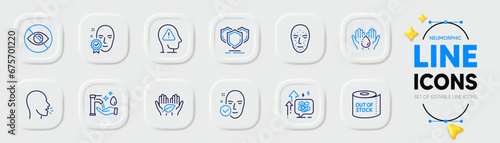 Health skin, Shields and Fair trade line icons for web app. Pack of Wash hands, Washing hands, Cough pictogram icons. Face biometrics, Mental health, Toilet paper signs. Stress grows. Vector
