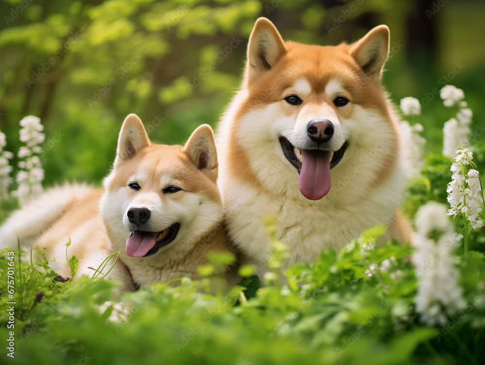 portrait of two dogs in green grass
