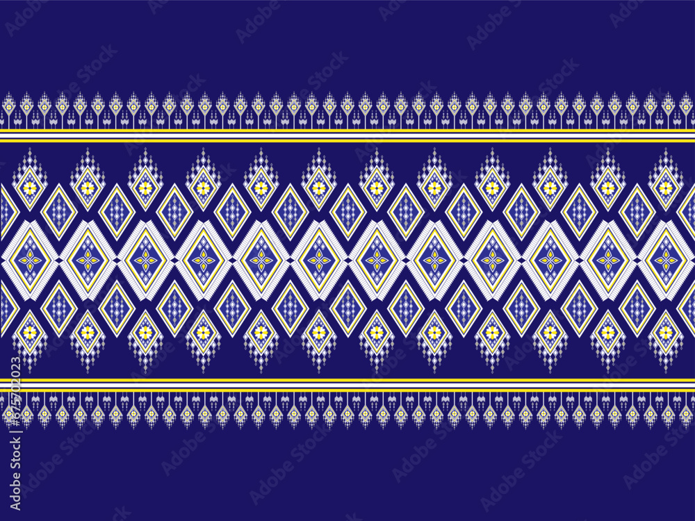 The fabric pattern is made from geometric shapes and flowers, joined together in a beautiful, unique, ethnic style. embroidery on a blue backgrounddesigned for garment, tile, clothing, textile, carpet The fabric pattern is made from geometric shapes and flowers, joined together in a beautiful, unique, ethnic style. embroidery on a blue backgrounddesigned for garment, tile, clothing, textile, carpet
