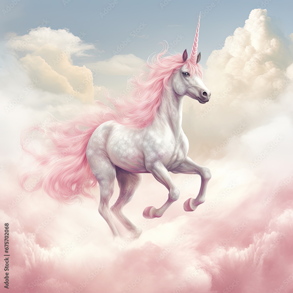 Fototapeta premium Pink Unicorn Above The Clouds Illustration, Generative Ai