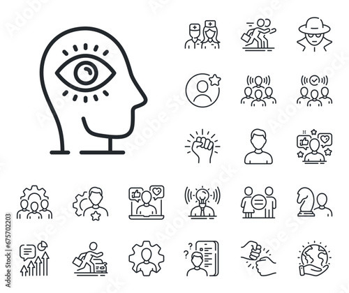 Yoga mind sign. Specialist, doctor and job competition outline icons. Meditation eye line icon. Spirit therapy symbol. Meditation eye line sign. Avatar placeholder, spy headshot icon. Vector