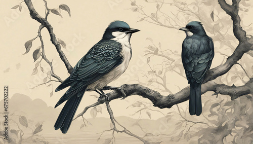 Two swallow birds sitting on a branch.	