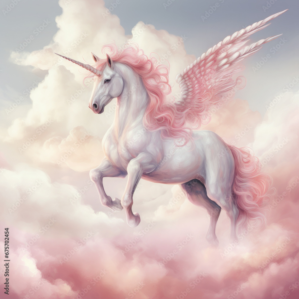 Pink Unicorn Above The Clouds Illustration, Generative Ai