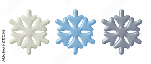 Snowflakes 3D icons set. White, blue and grey winter design elements. or frost signs glossy plastic three dimensional holiday decorations