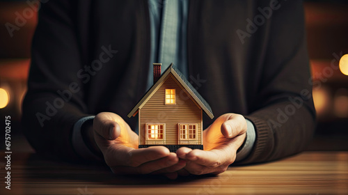 a man's hand is holding a miniature house, Insurance house. Insurance coverage concept.The insurance agent presents the toys that symbolize the coverage.