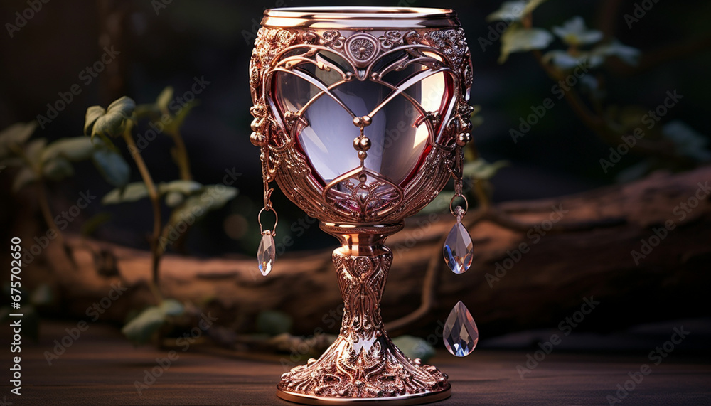 a gold goblet sitting on a wooden table - obrazy, fototapety, plakaty 