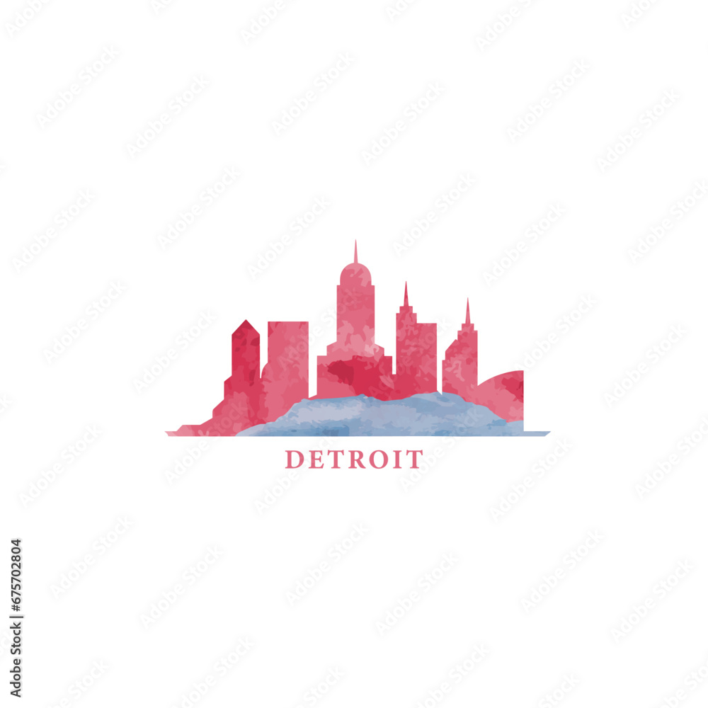 Detroit city US watercolor cityscape skyline panorama vector flat modern logo icon. USA, Michigan state of America emblem with landmarks and building silhouettes. Isolated red and blue graphic