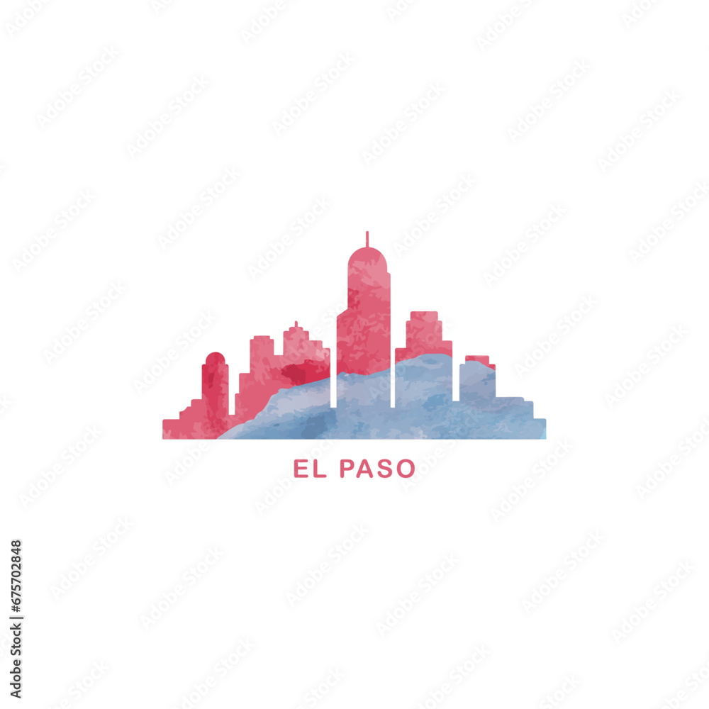 El Paso city US watercolor cityscape skyline panorama vector flat modern logo icon. USA, Texas state of America emblem with landmarks and building silhouettes. Isolated red and blue graphic
