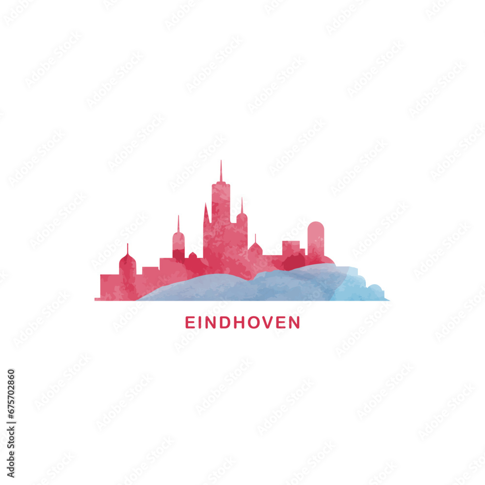 Eindhoven watercolor cityscape skyline city panorama vector flat modern logo, icon. Netherlands, Holland town emblem concept with landmarks and building silhouettes. Isolated graphic