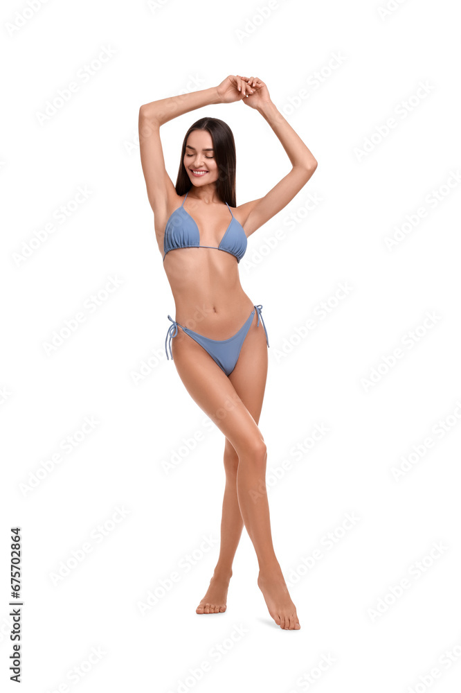 Young woman in stylish bikini isolated on white Young woman in stylish bikini isolated on white
