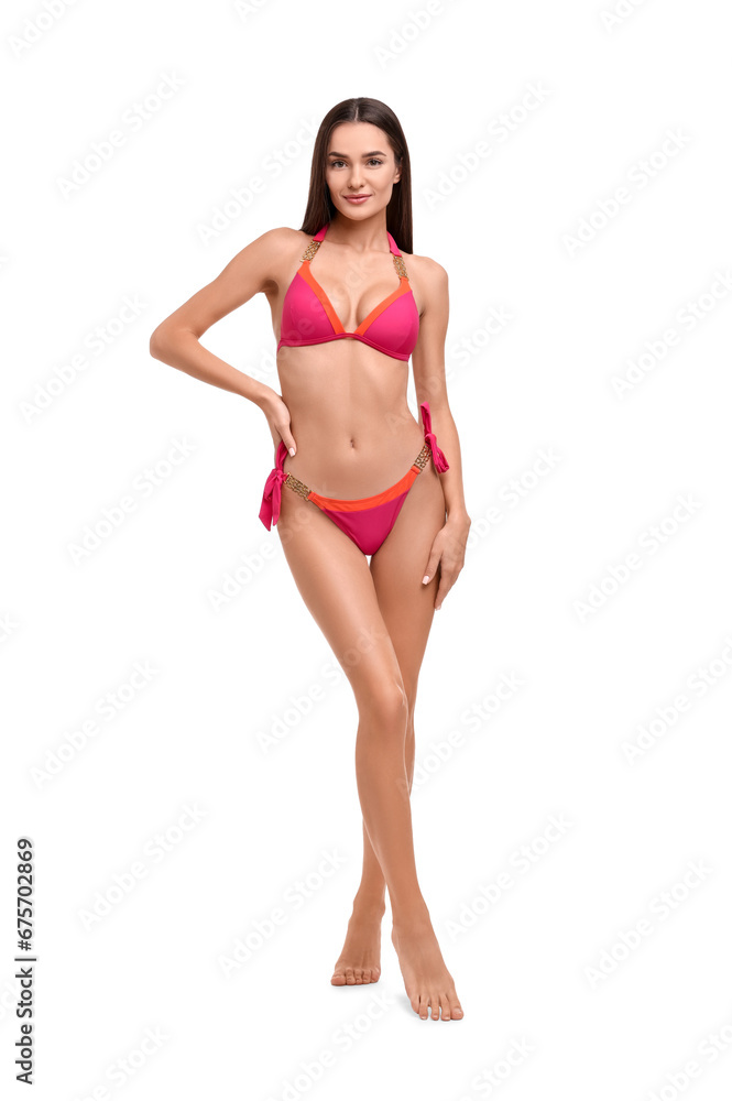Young woman in stylish bikini isolated on white Young woman in stylish bikini isolated on white
