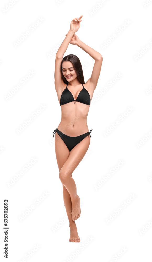 Young woman in stylish bikini isolated on white