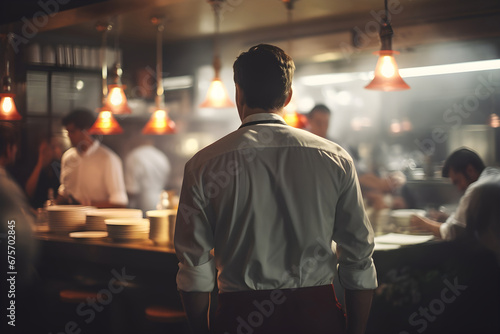 atmospheric shot captures the diligent rear view of a waiter in a restaurant kitchen, bathed in dramatic lighting, exemplifying the art of culinary service
