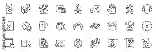 Icons pack as Chemistry experiment, Confirmed and Workflow line icons for app include Work home, Verification document, Feather outline thin icon web set. Voicemail, Winner ribbon. Vector