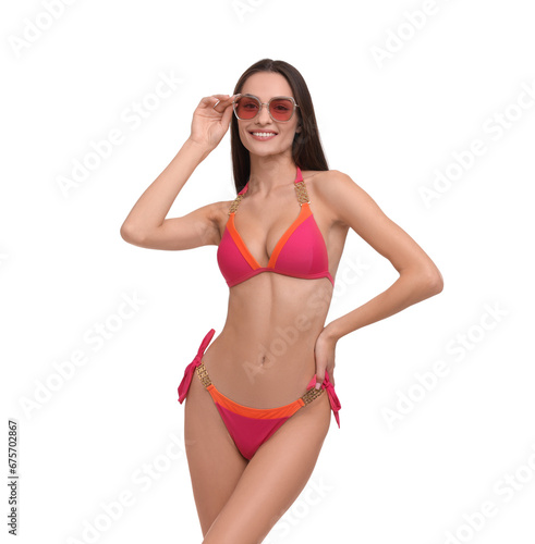 Young woman in stylish bikini isolated on white © New Africa