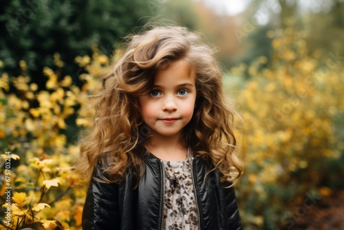 Portrait of a beautiful little girl with curly hair in the autumn park.