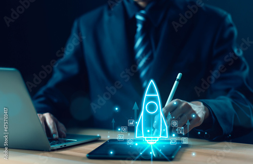 entrepreneurship launch rocket start flying up and network line connection. the Startup concept plan development business project digital technology idea of leadership. strategy Startup growth