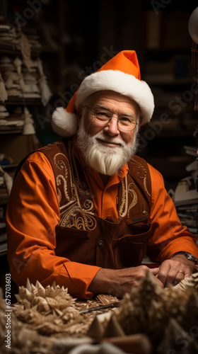 Senior Craftsman Dressed as Santa Claus Working on Handicrafts