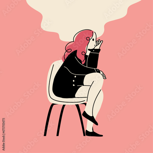 A simple and stylish vector illustration of a woman sitting on a chair and thinking