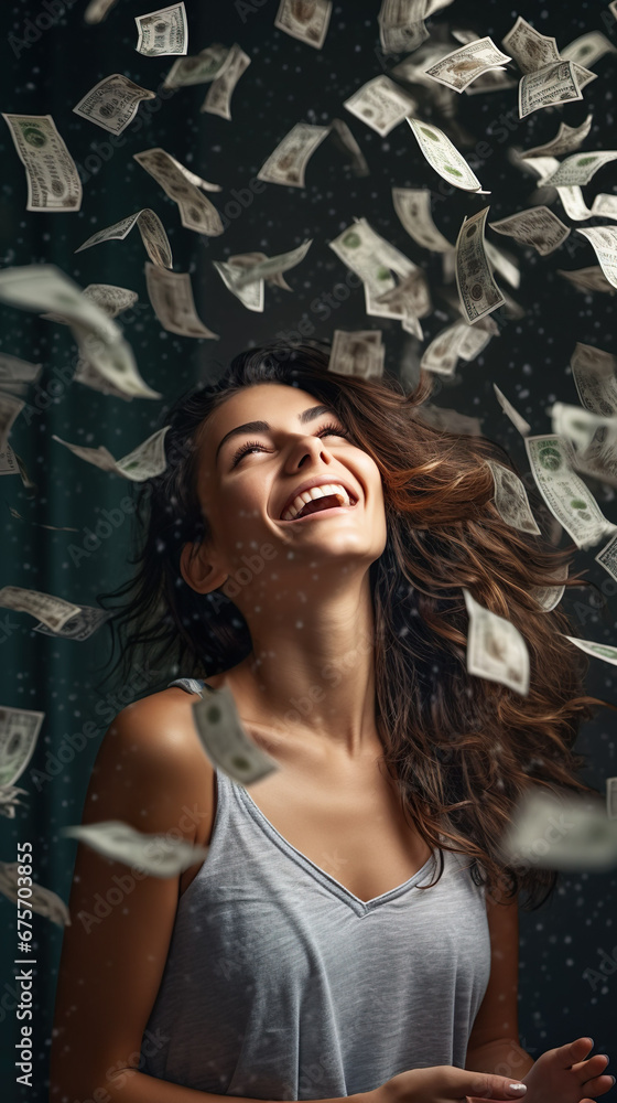 Naklejka premium Beautiful, cute woman dancing with joy With money flying in the air and falling Smiling and throwing a lot of money.