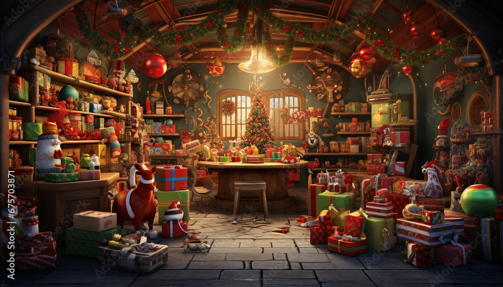 christmas shop with santa claus and presents