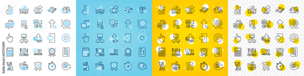Vector icons set of Calculator, Budget accounting and Circle area line icons pack for web with Increasing percent, Coffee vending, Work home outline icon. Execute, Login, Timer pictogram. Vector Vector icons set of Calculator, Budget accounting and Circle area line icons pack for web with Increasing percent, Coffee vending, Work home outline icon. Execute, Login, Timer pictogram. Vector