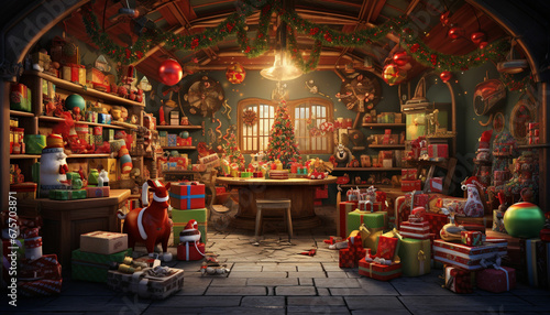 christmas shop with santa claus and presents
