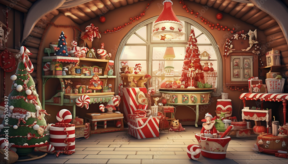 christmas shop with santa claus and presents