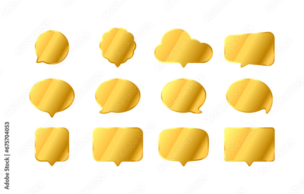 Gold 3D speech bubble talk set isolated on white background. Golden, luxury, glossy, shiny, chat, dialogue, shape template. Vector Illustration Gold 3D speech bubble talk set isolated on white background. Golden, luxury, glossy, shiny, chat, dialogue, shape template. Vector Illustration