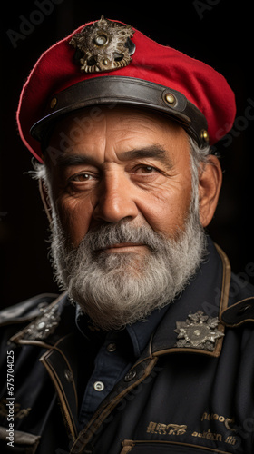 Senior Man in Vintage Military Uniform with Red Beret