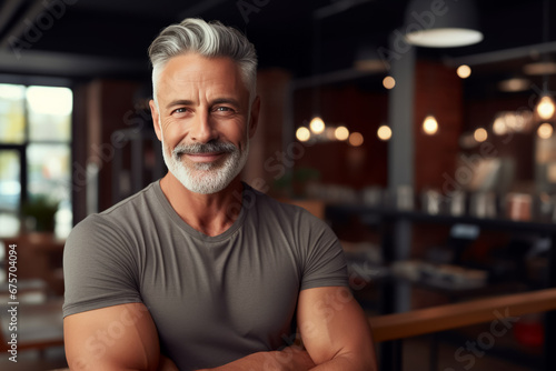 portrait of smiling muscular senior man at gym while looking at camera. Healthy lifestyle