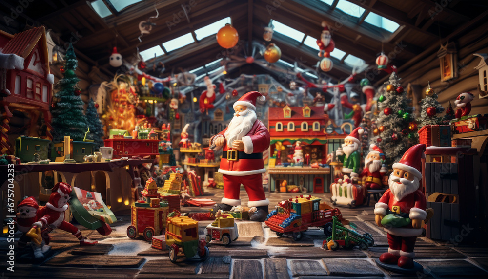 christmas shop with santa claus and presents - obrazy, fototapety, plakaty 