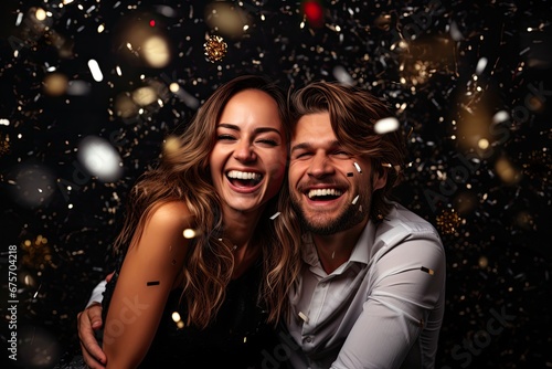 Portrait of a young couple having fun on black background with confetti. Ai generative