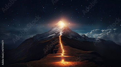 Path to success concept, with glowing neon light path going up the mountain